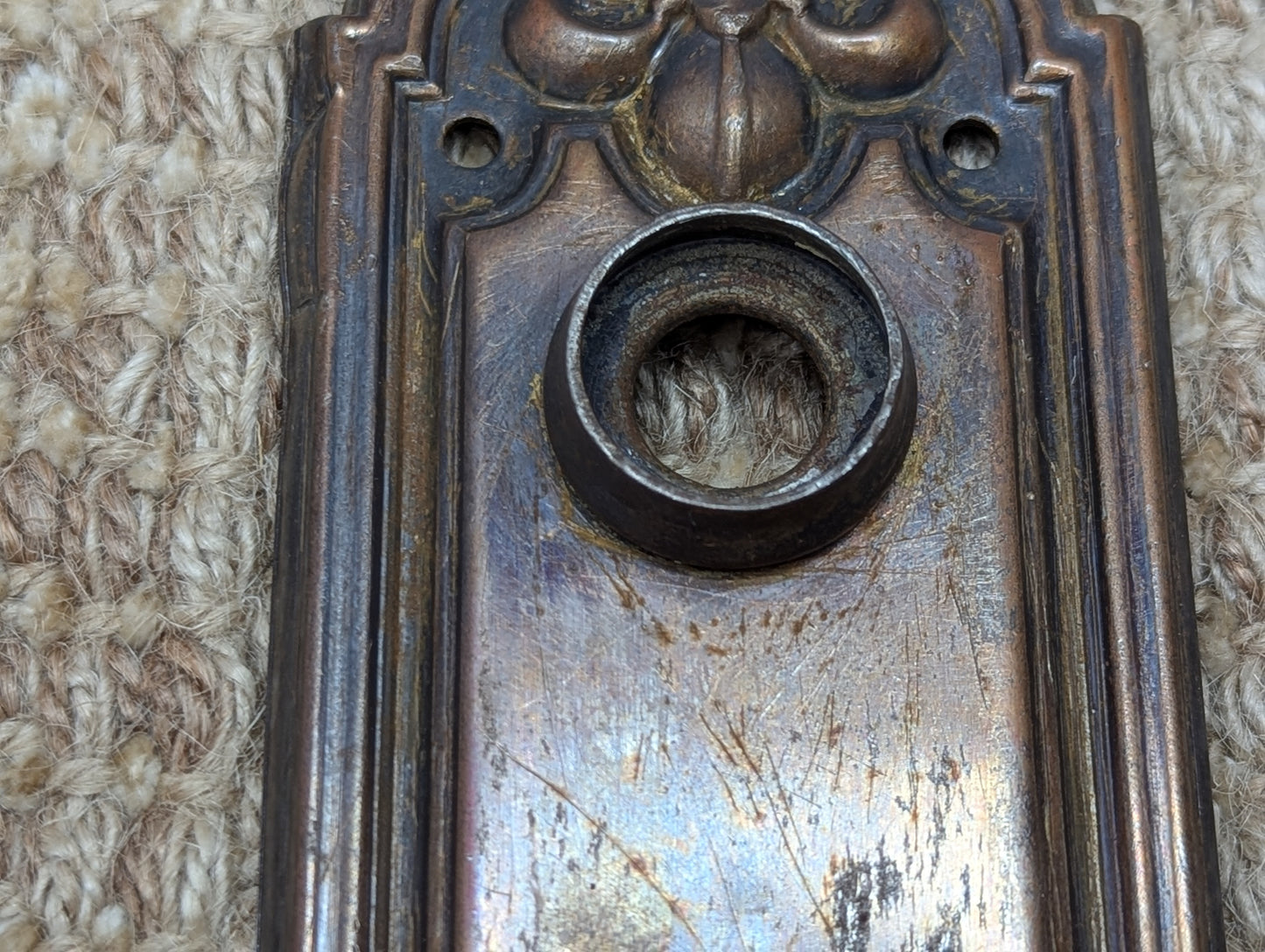 2 5/16" x 7 15/16" Antique Stamped Steel Door Knob Plate