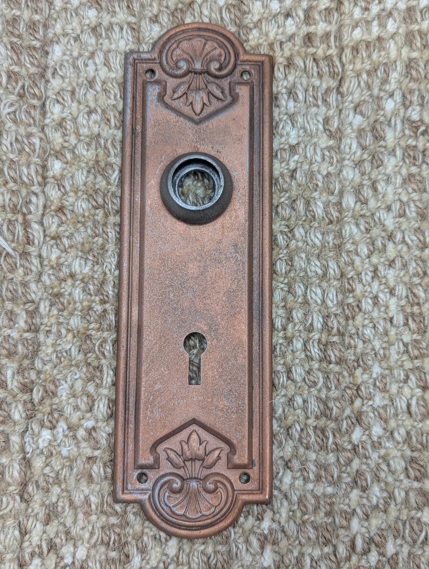 2 1/4" x 7 7/16" Antique Stamped Steel Door Knob Plate-Copper Finish