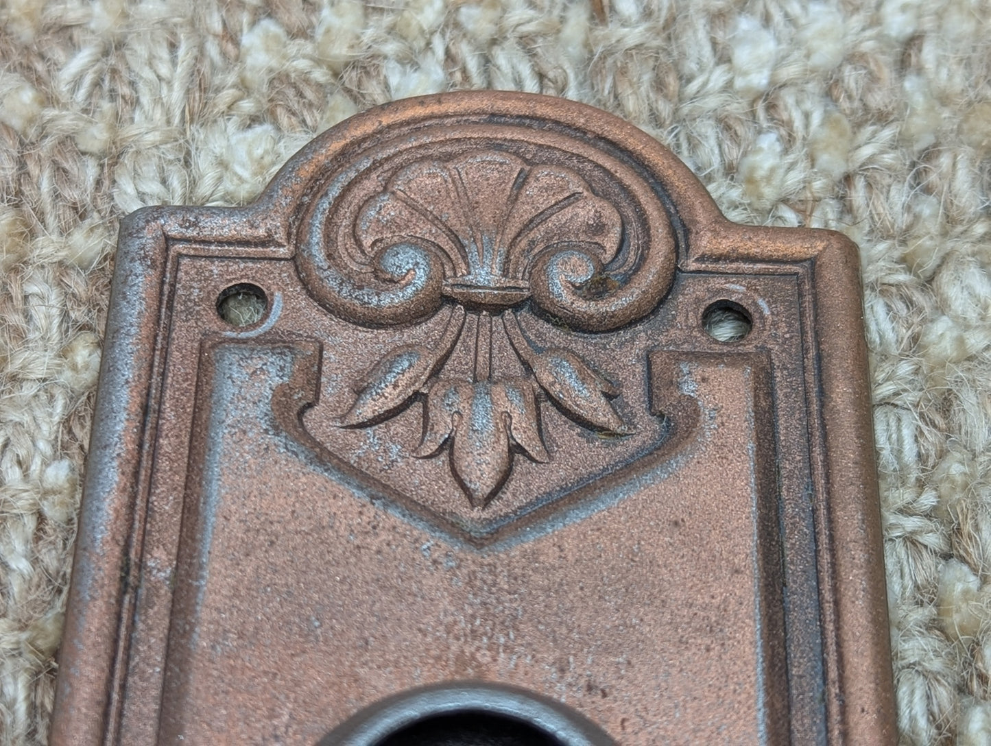 2 1/4" x 7 7/16" Antique Stamped Steel Door Knob Plate-Copper Finish