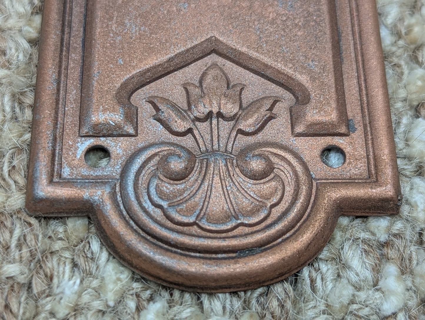 2 1/4" x 7 7/16" Antique Stamped Steel Door Knob Plate-Copper Finish