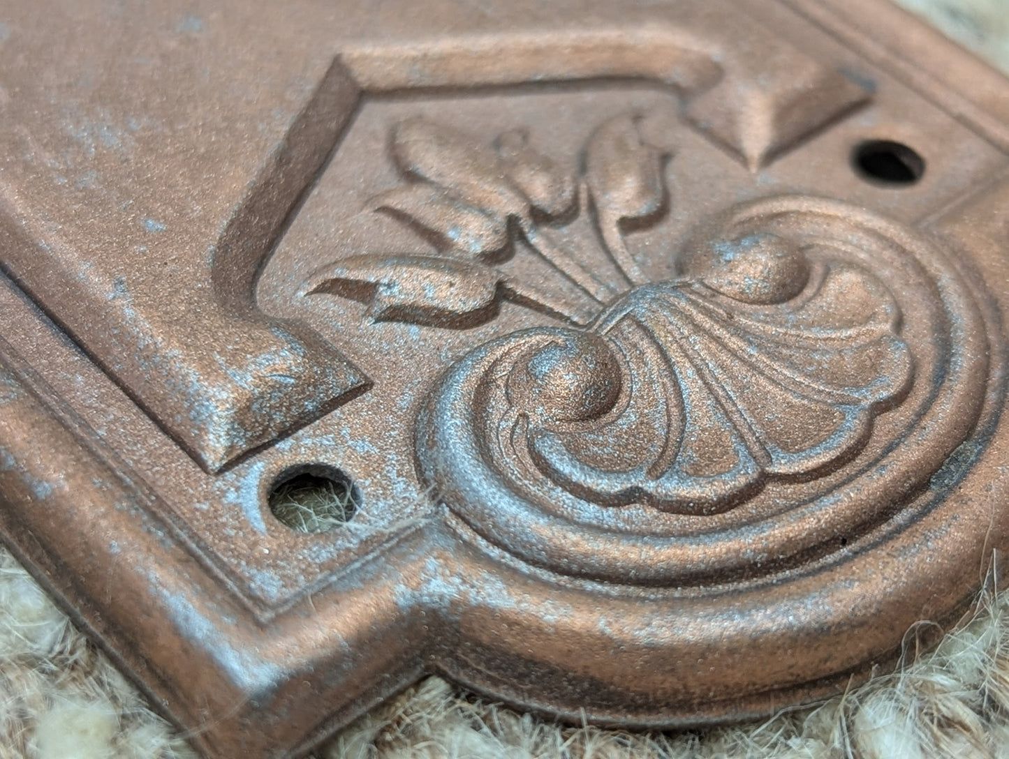 2 1/4" x 7 7/16" Antique Stamped Steel Door Knob Plate-Copper Finish