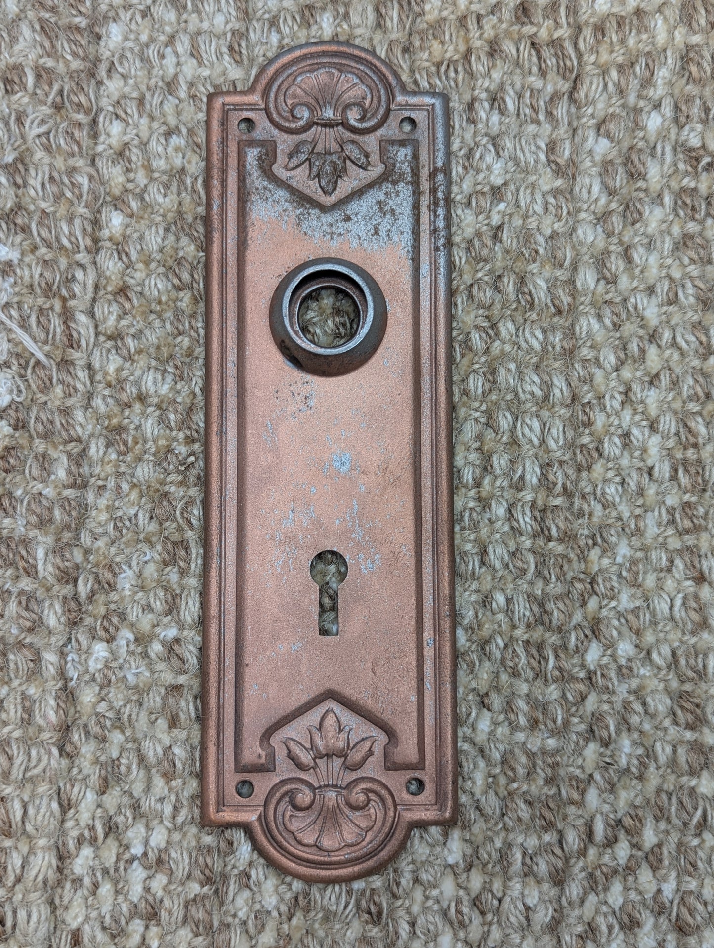 2 1/4" x 7 7/16" Antique Stamped Steel Door Knob Plate-Copper Finish