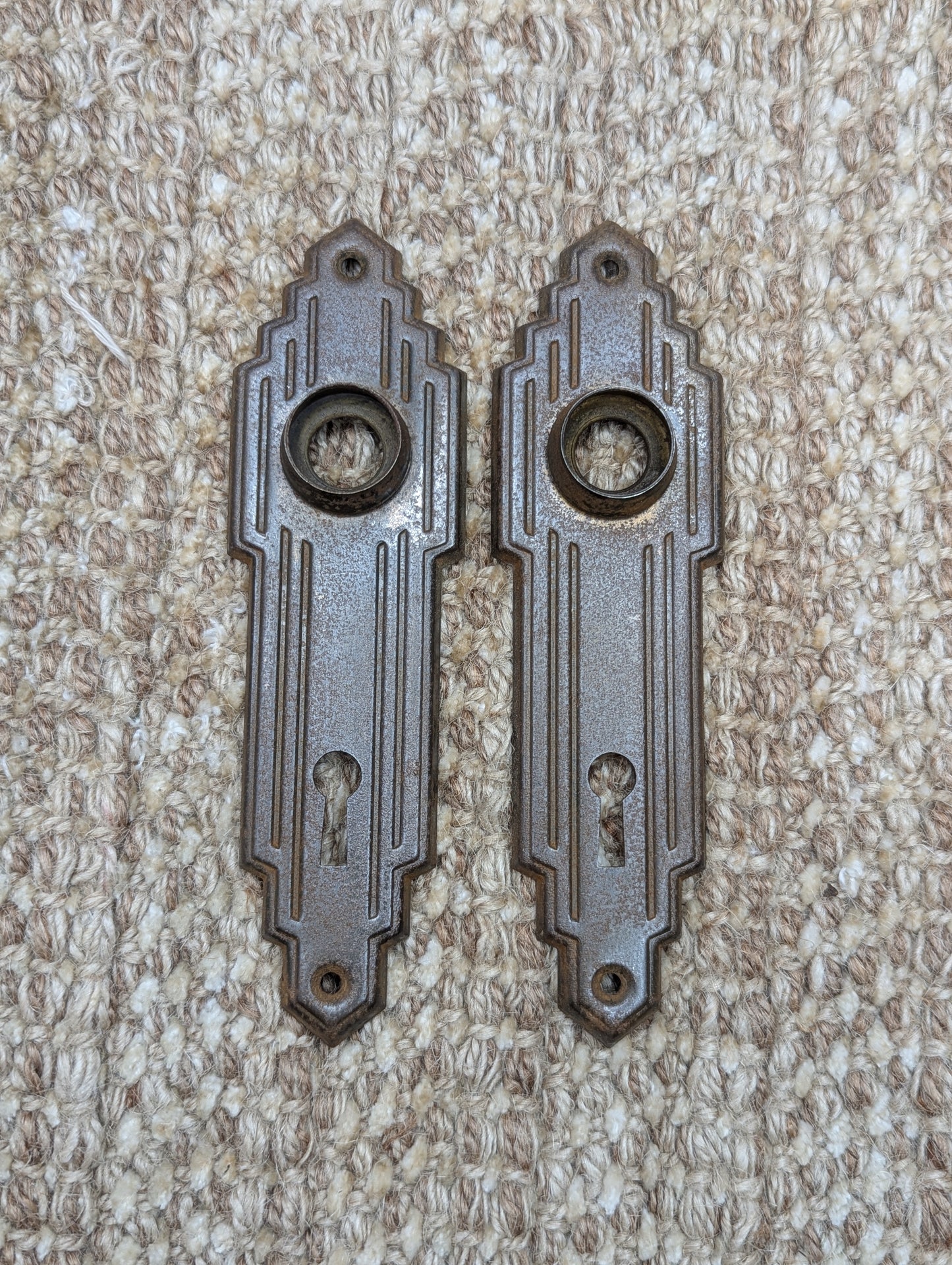 1 5/8" x 5 11/16" Pair Of Antique Stamped Steel Door Knob Plates