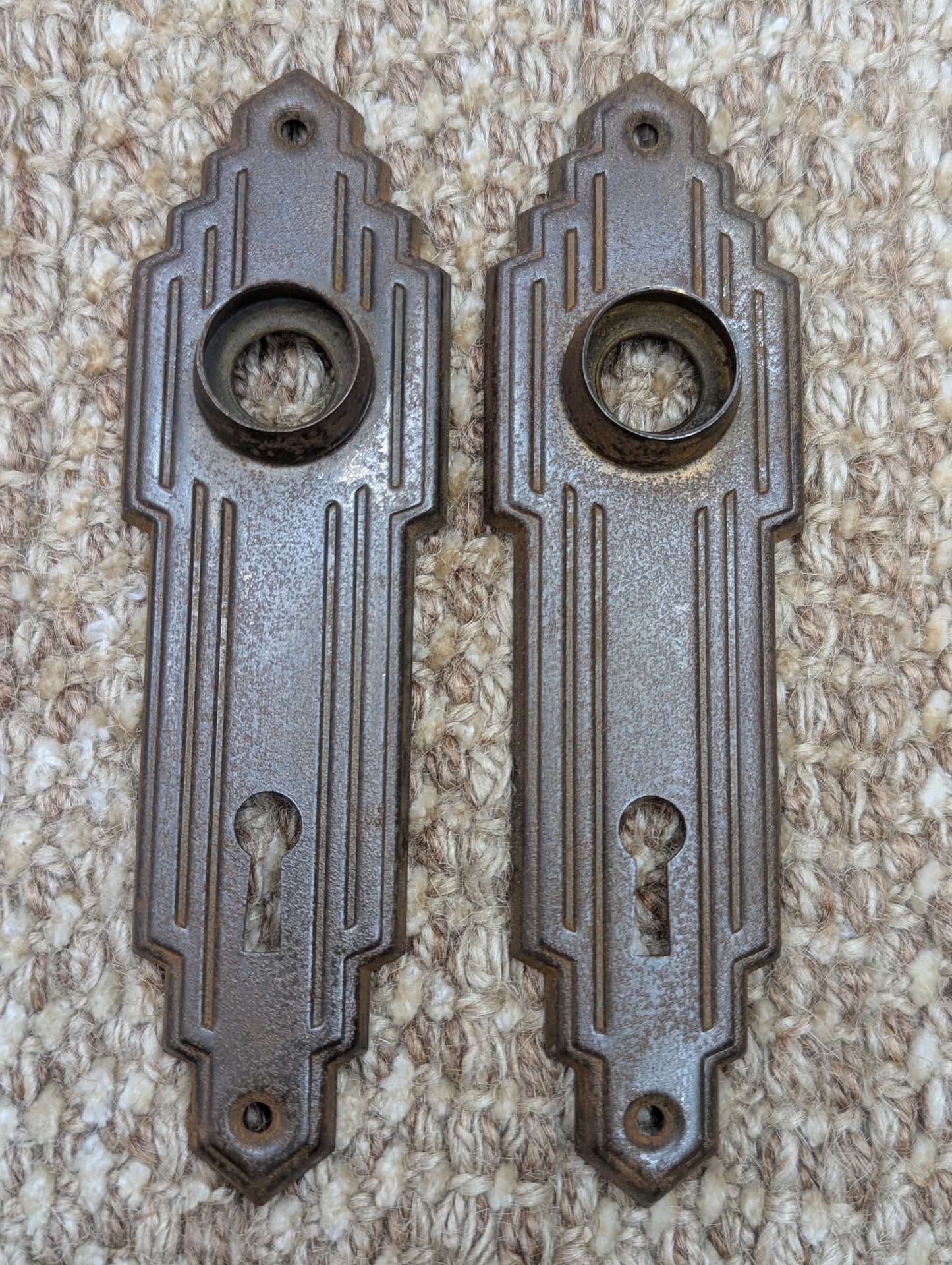 1 5/8" x 5 11/16" Pair Of Antique Stamped Steel Door Knob Plates