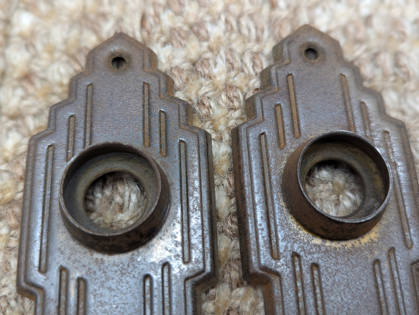 1 5/8" x 5 11/16" Pair Of Antique Stamped Steel Door Knob Plates