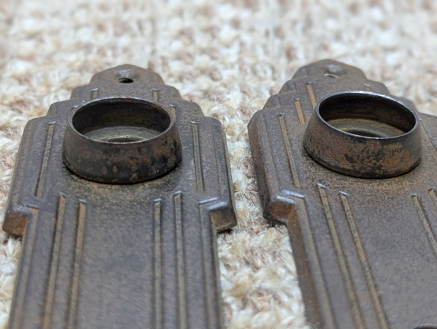 1 5/8" x 5 11/16" Pair Of Antique Stamped Steel Door Knob Plates
