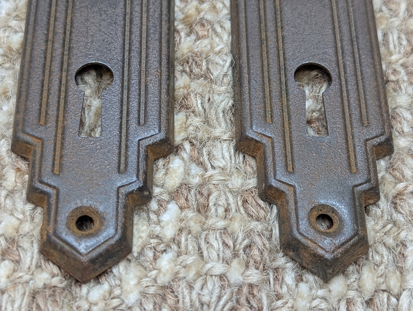 1 5/8" x 5 11/16" Pair Of Antique Stamped Steel Door Knob Plates