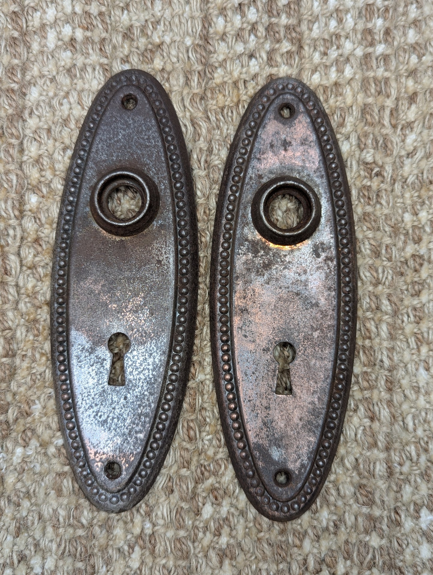 Pair Of 2 1/4" x 6 3/4" Antique Stamped Steel Door Knob Plates