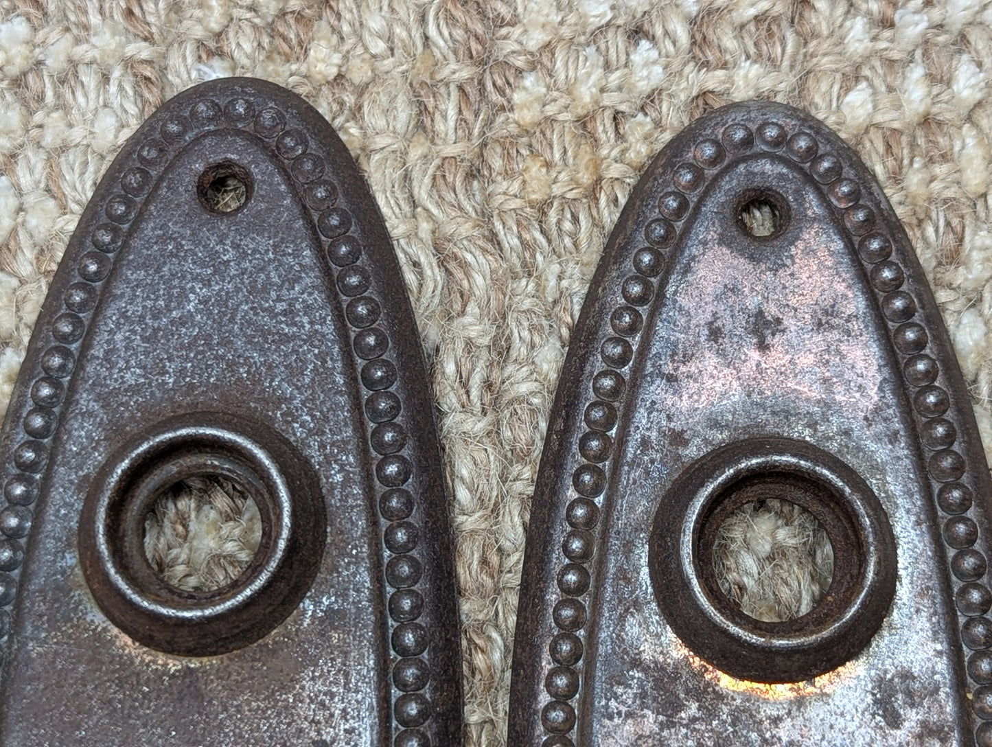 Pair Of 2 1/4" x 6 3/4" Antique Stamped Steel Door Knob Plates