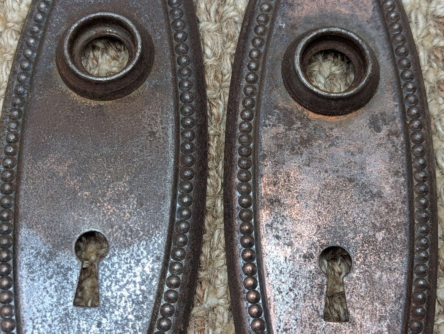 Pair Of 2 1/4" x 6 3/4" Antique Stamped Steel Door Knob Plates