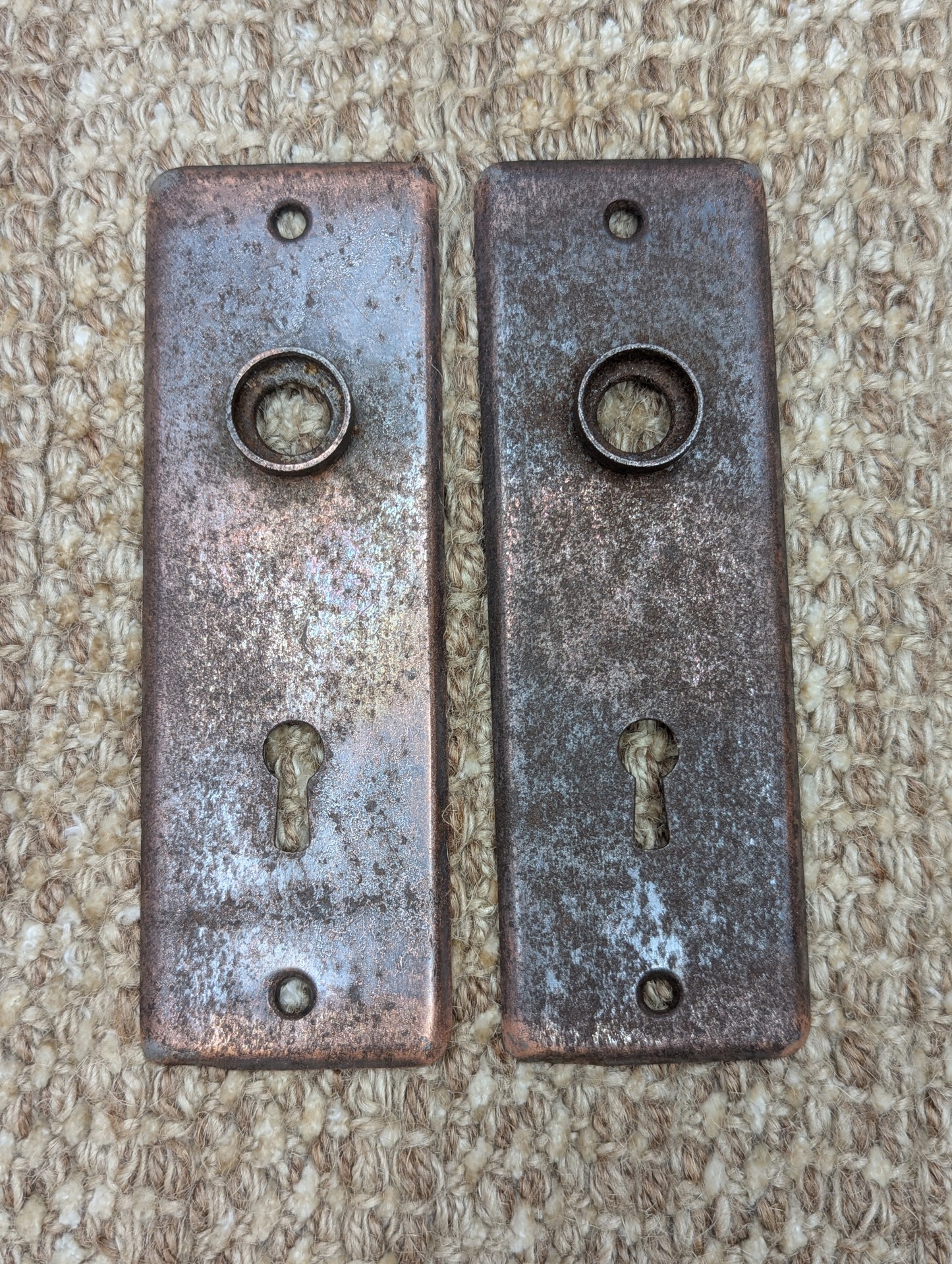 1 15/16" x 5 13/16" Pair Of Antique Stamped Steel Door Knob Plates