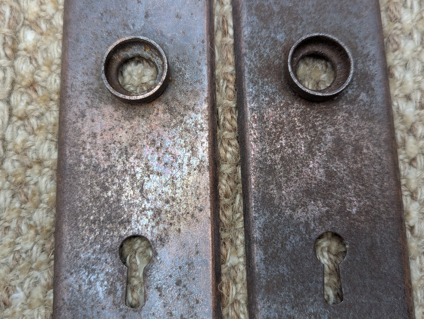 1 15/16" x 5 13/16" Pair Of Antique Stamped Steel Door Knob Plates