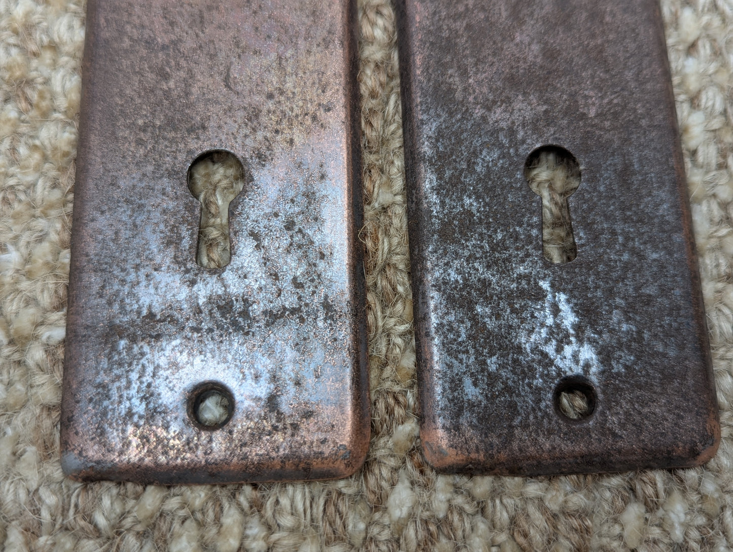 1 15/16" x 5 13/16" Pair Of Antique Stamped Steel Door Knob Plates