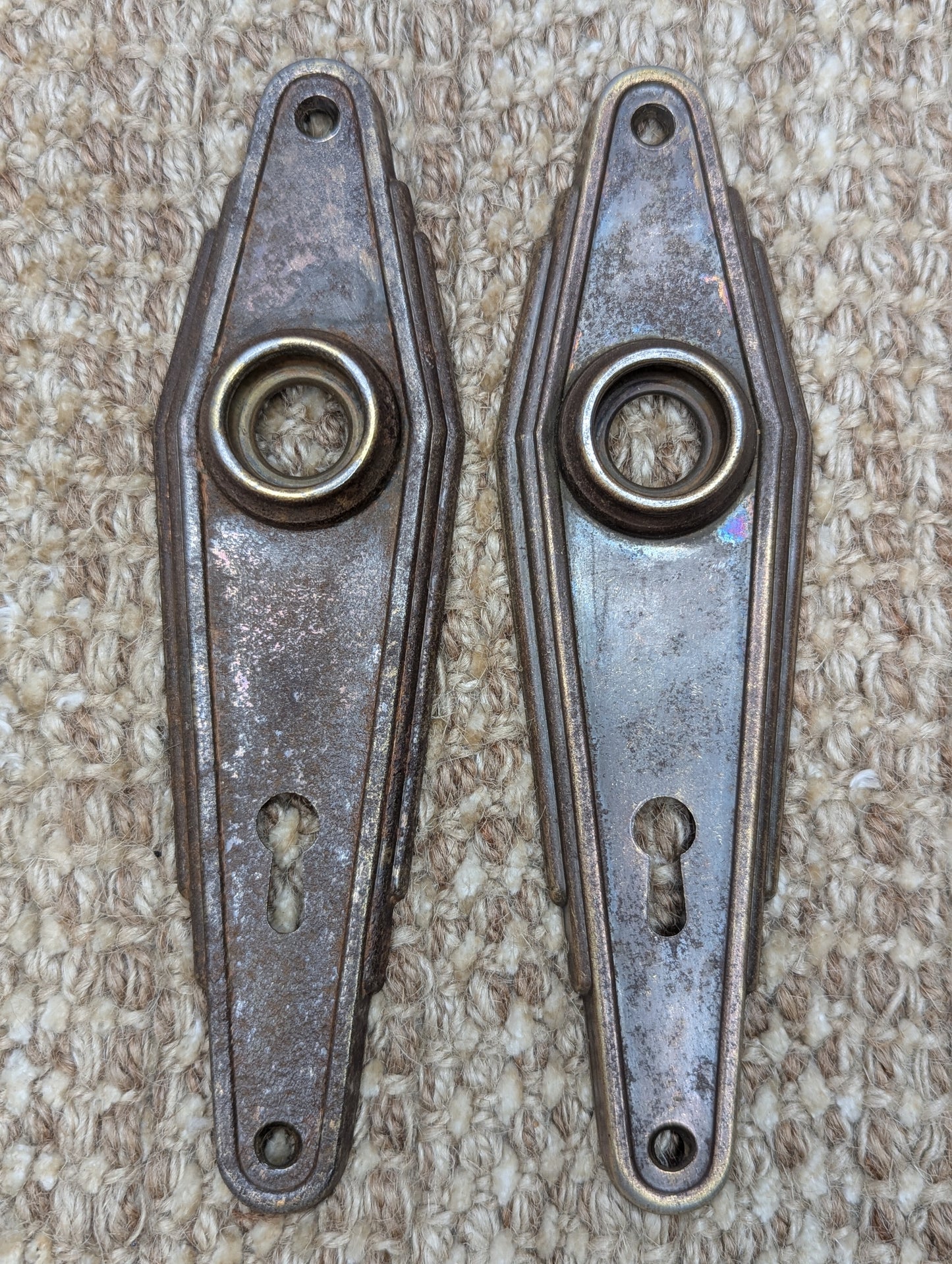 1 3/4" x 6 1/2" Pair Of Antique Stamped Steel Door Knob Plates