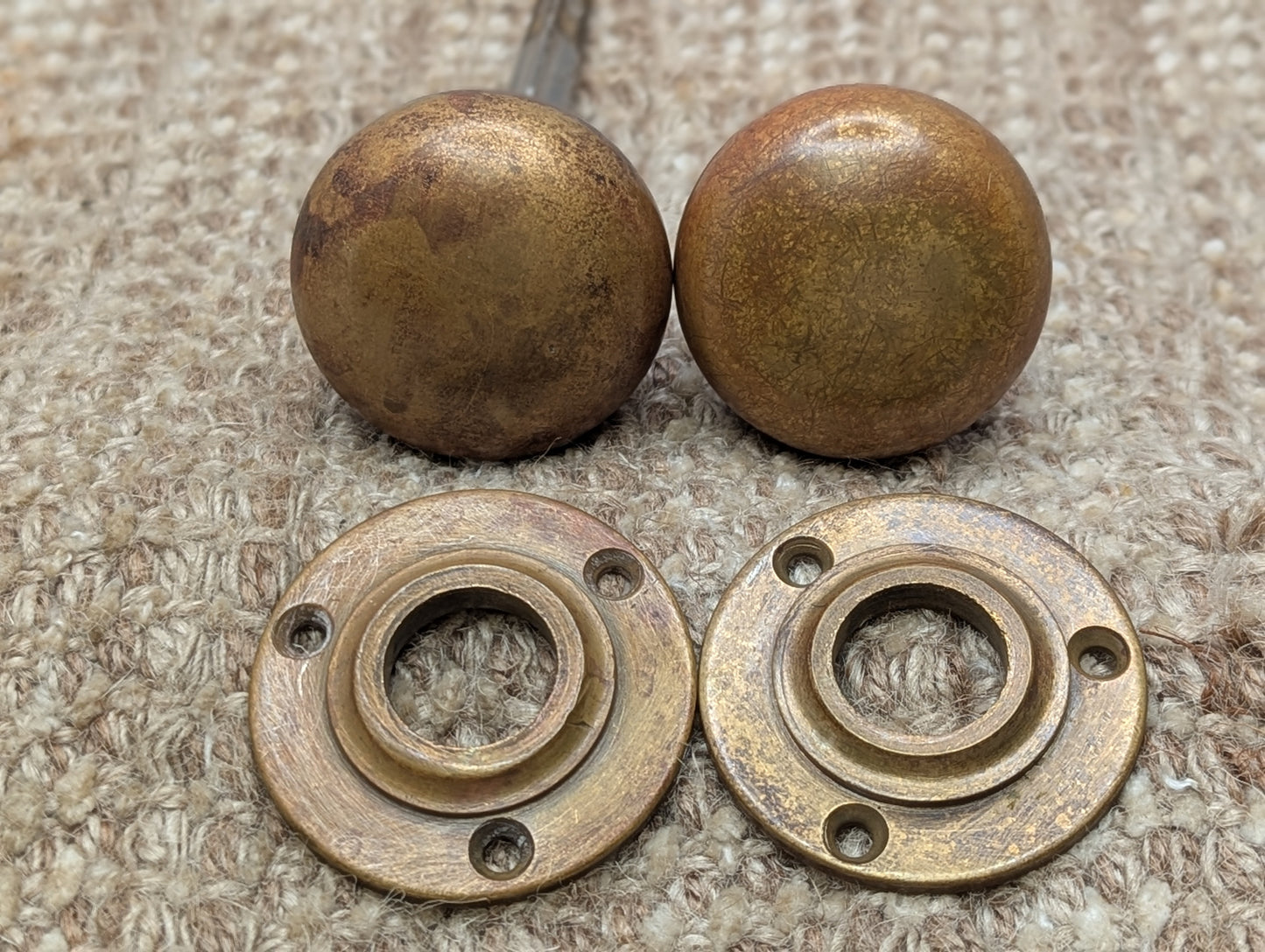 1 3/4" Antique Cast Brass Door Knobs & Rosettes #F371