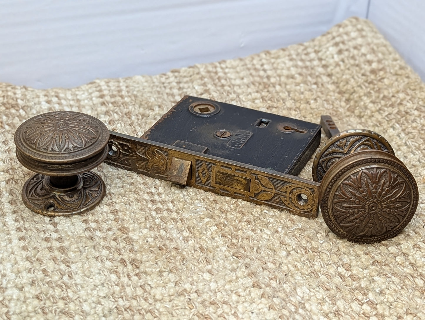 Antique Hopkins & Dickson Mfg. Co Lock #225, Bronze Door Knobs and Rosettes Circa 1879