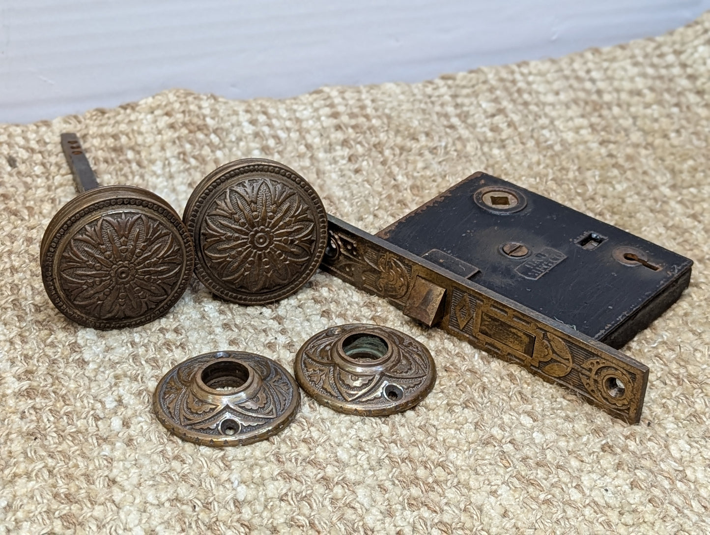 Antique Hopkins & Dickson Mfg. Co Lock #225, Bronze Door Knobs and Rosettes Circa 1879