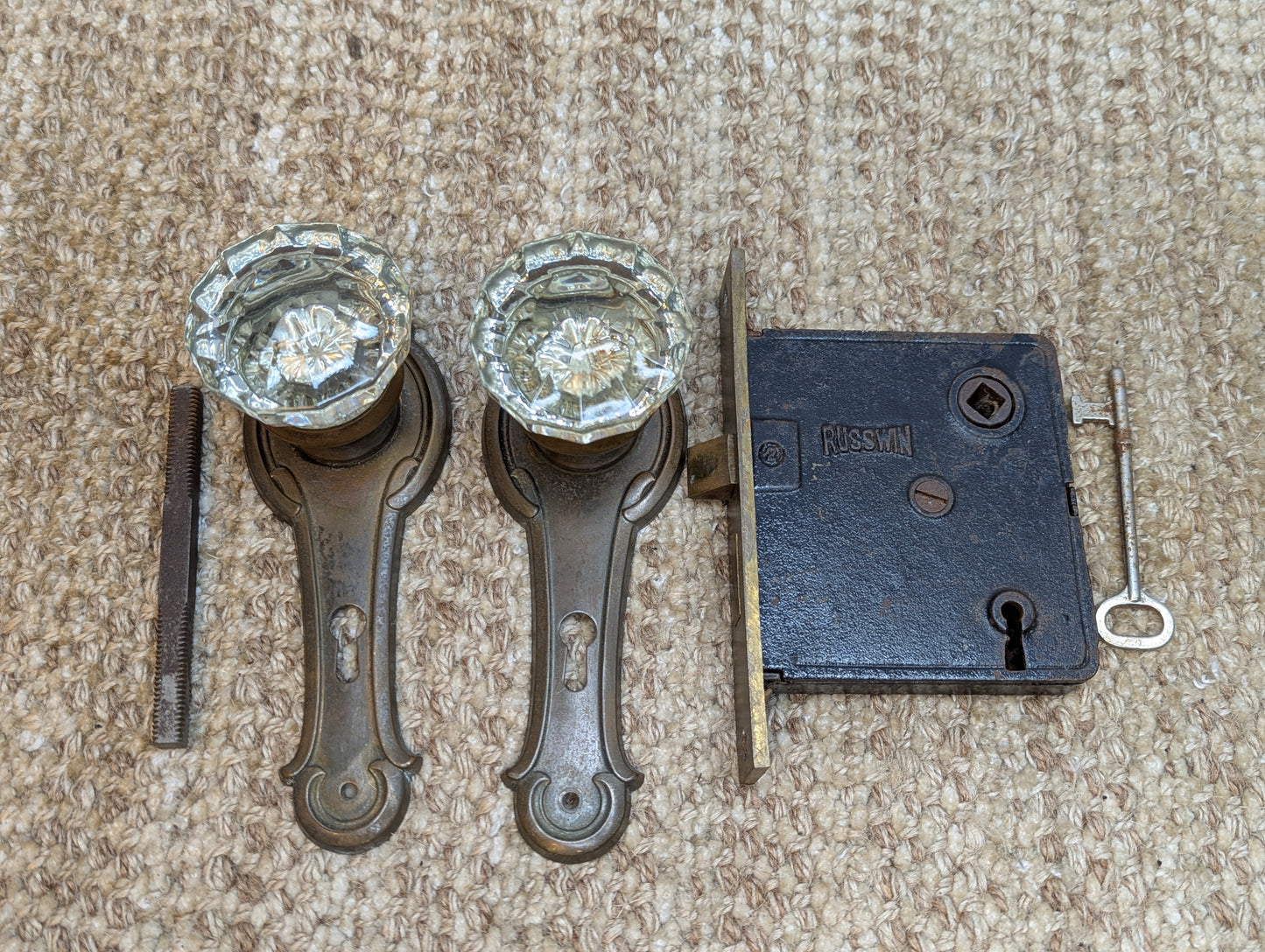 Antique Russwin Interior Mortise Lock #0389, Glass Door Knobs & Brass Door Knob Plates With Key