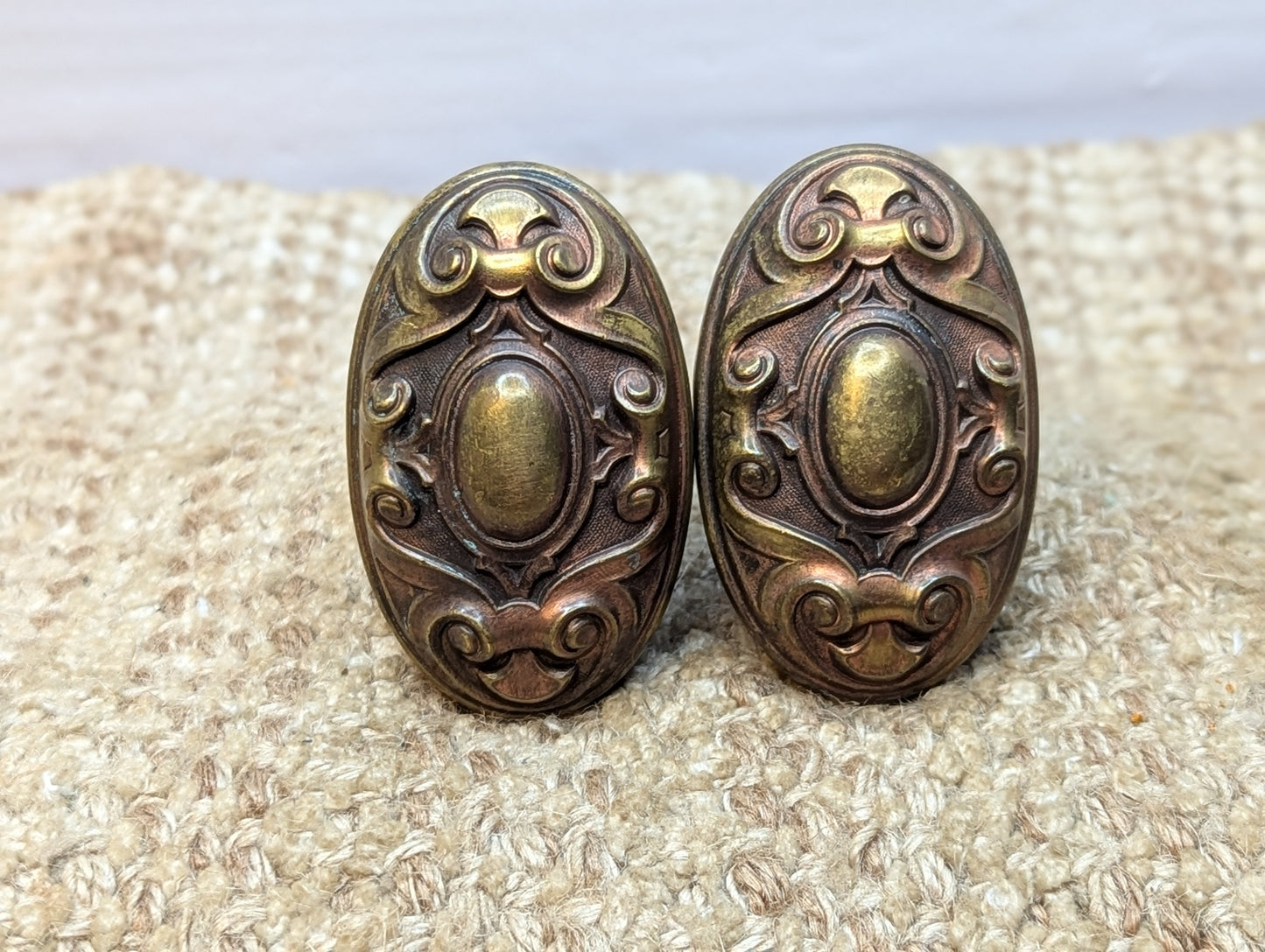 1 3/4 x 2 3/4" Antique Yale & Towne Meridian Oval Decorative Brass Door Knobs