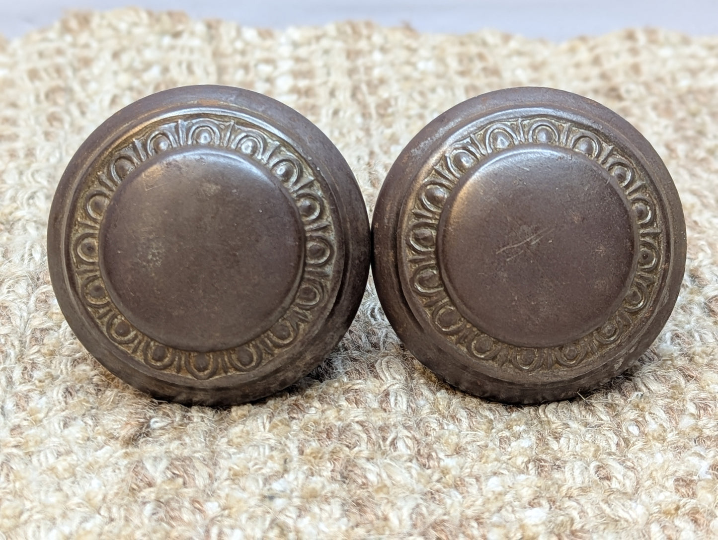 Pair Of 2 1/4" Antique Steel Egg & Dart Door Knobs Door Hardware