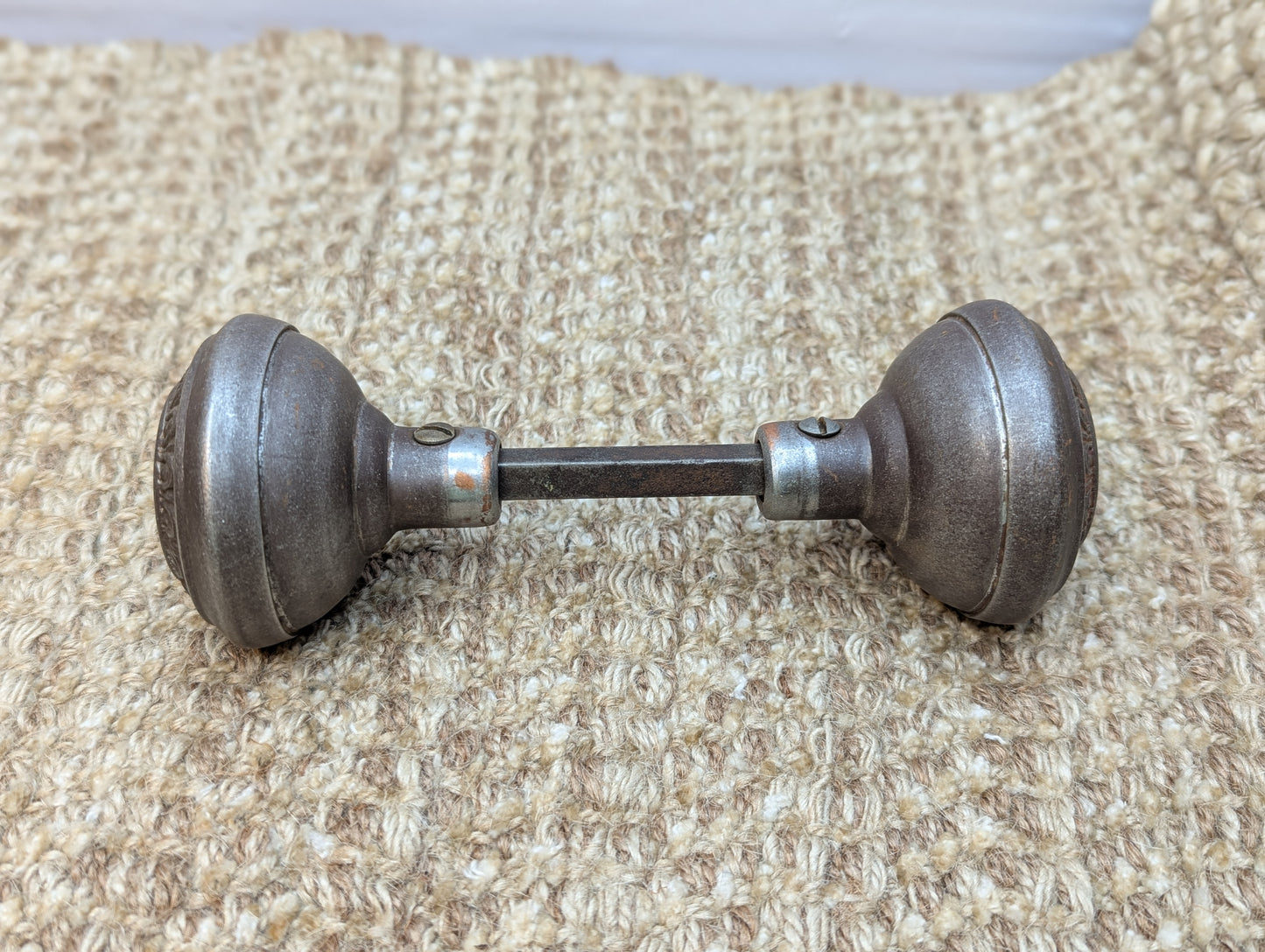 Pair Of 2 1/4" Antique Steel Egg & Dart Door Knobs Door Hardware