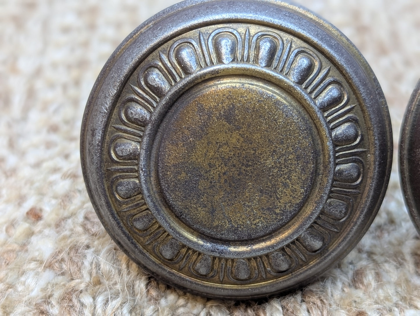Pair Of 2 1/4" Antique Steel Egg & Dart Door Knobs Door Hardware