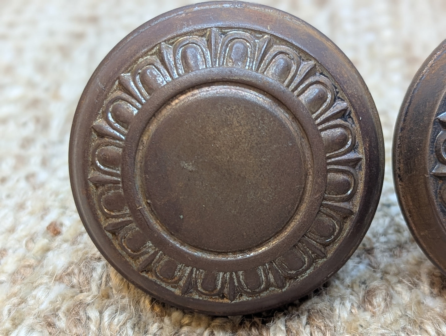 Pair Of 2 1/4" Antique Steel Egg & Dart Door Knobs Door Hardware