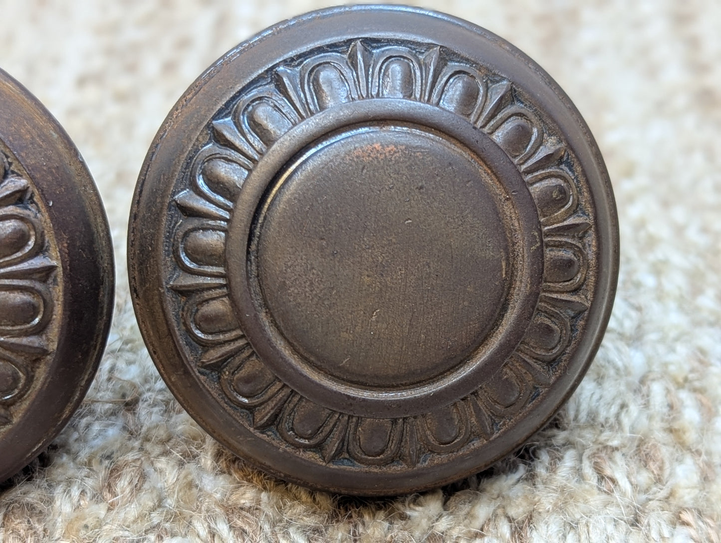 Pair Of 2 1/4" Antique Steel Egg & Dart Door Knobs Door Hardware