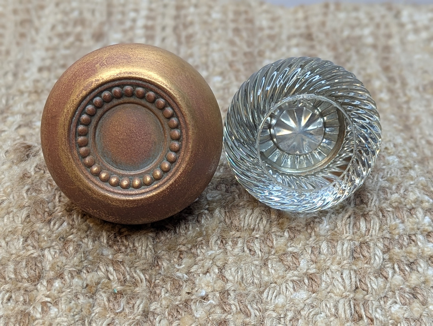 2 1/4" Antique Russell & Erwin Brass Door Knob Circa 1926 and Spiral Glass Door Knob