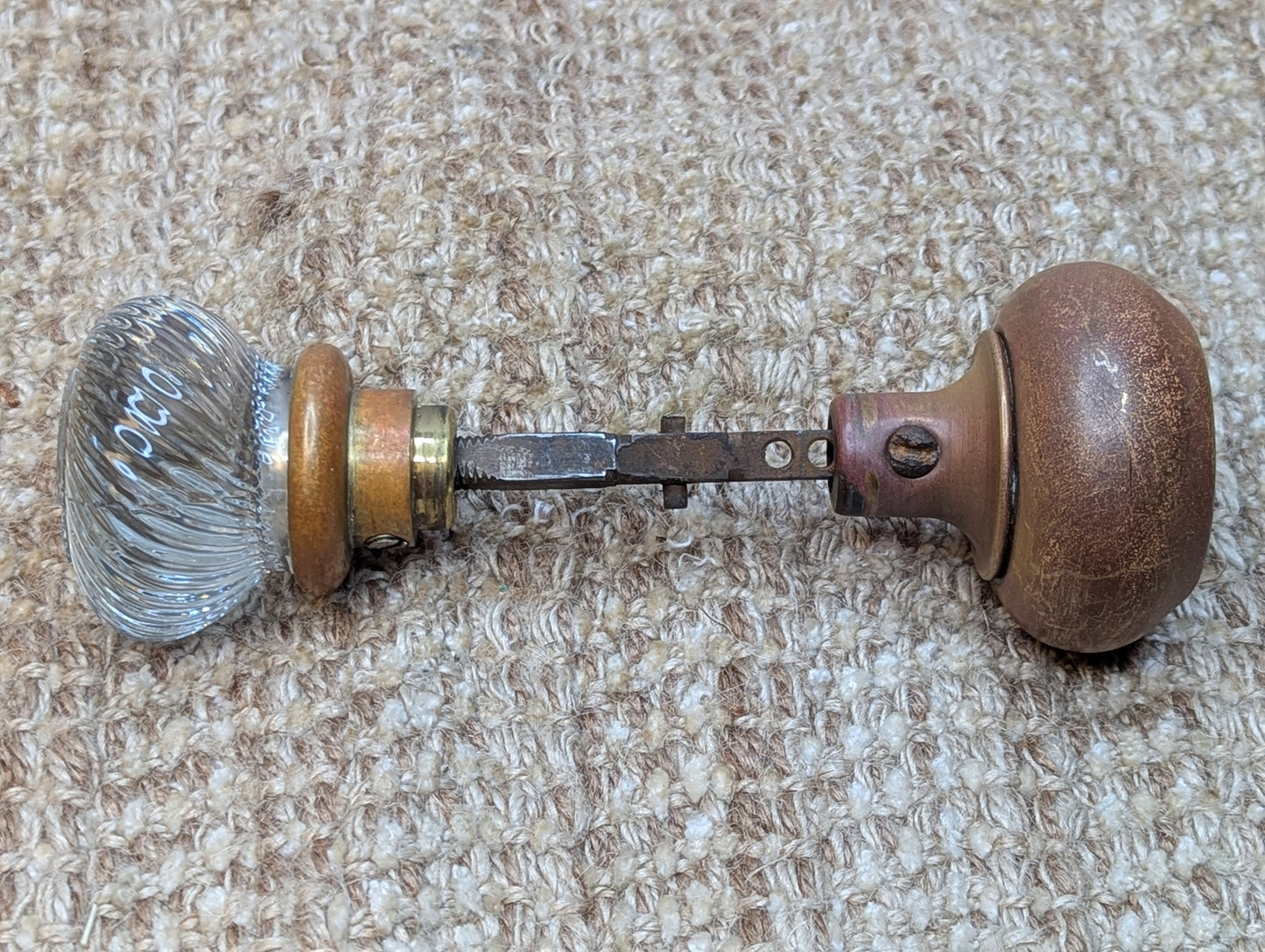 2 1/4" Antique Russell & Erwin Brass Door Knob Circa 1926 and Spiral Glass Door Knob