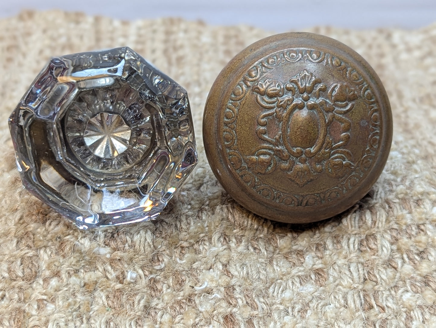 2 1/4" Antique Reading "Creston" Brass Door Knob Circa 1900 and Octagon Glass Door Knob