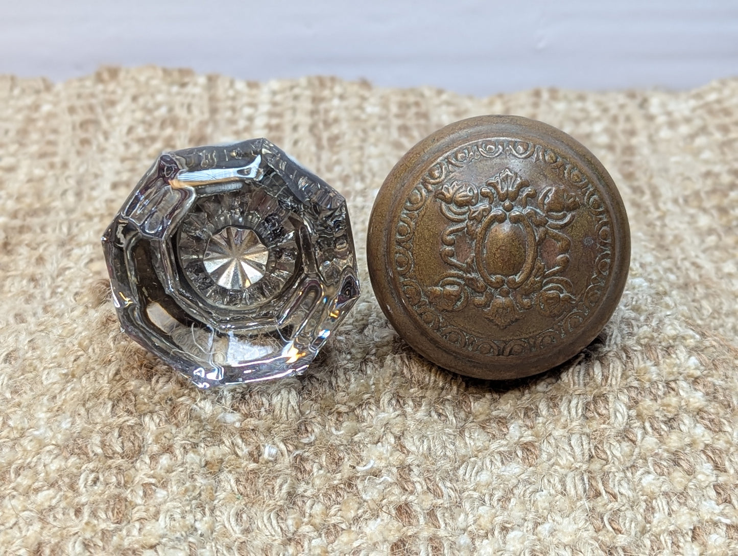 2 1/4" Antique Reading "Creston" Brass Door Knob Circa 1900 and Octagon Glass Door Knob