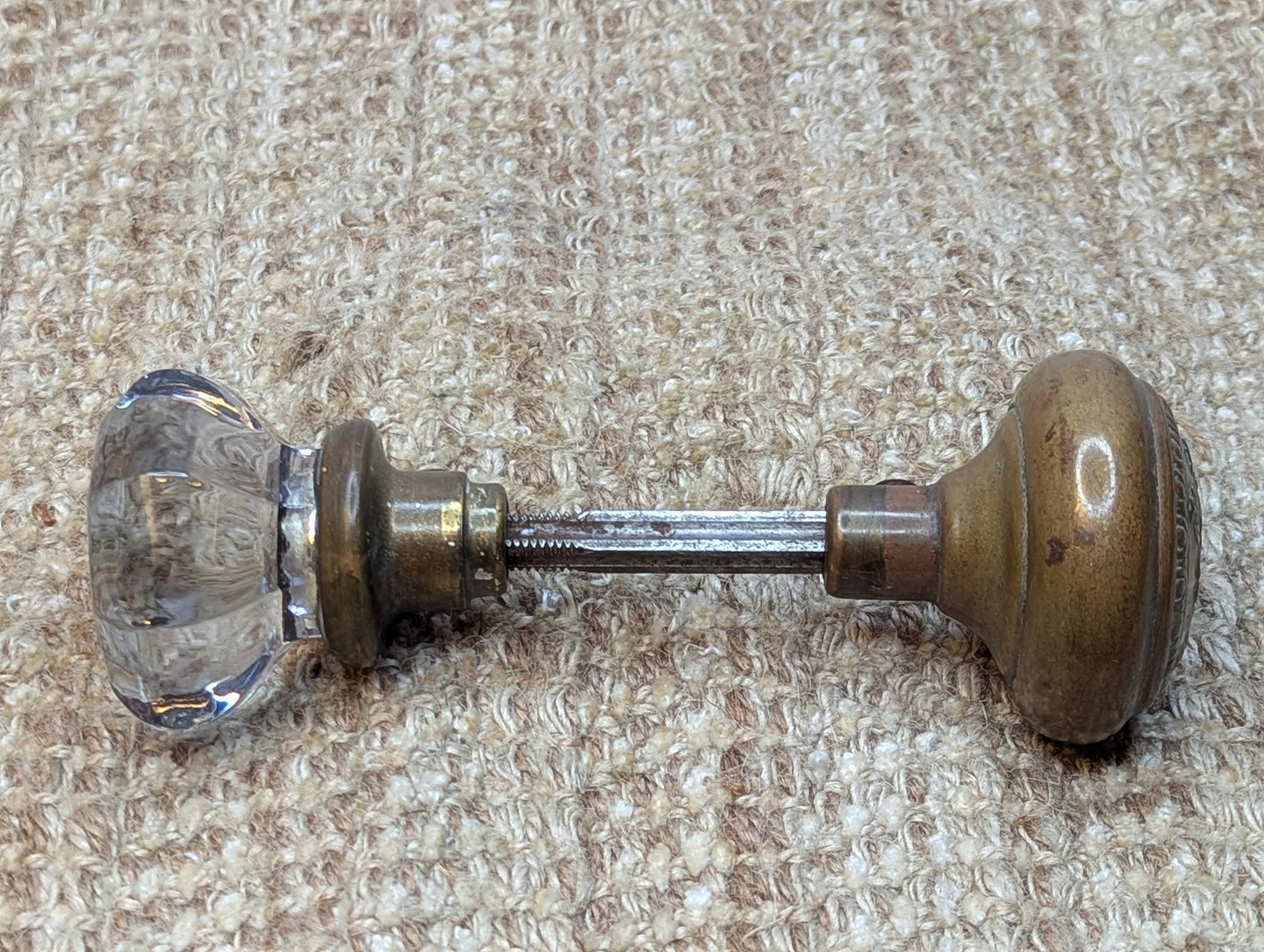 2 1/4" Antique Reading "Creston" Brass Door Knob Circa 1900 and Octagon Glass Door Knob
