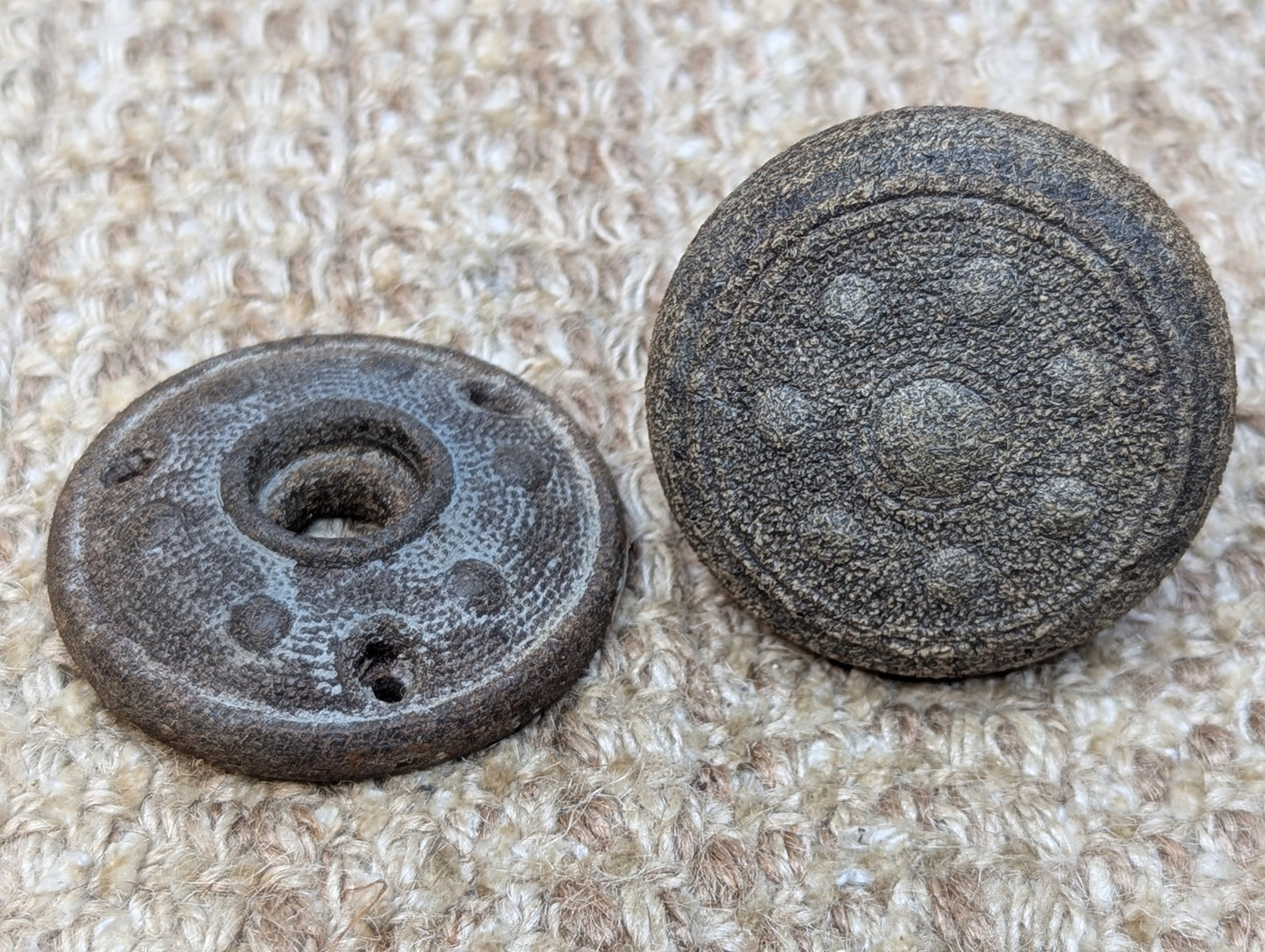2 1/4" Antique Dibble Mfg. Co. Saxon Shield Design Hemacite Door Knob & 2 1/4" Rosette Door Hardware Circa 1878