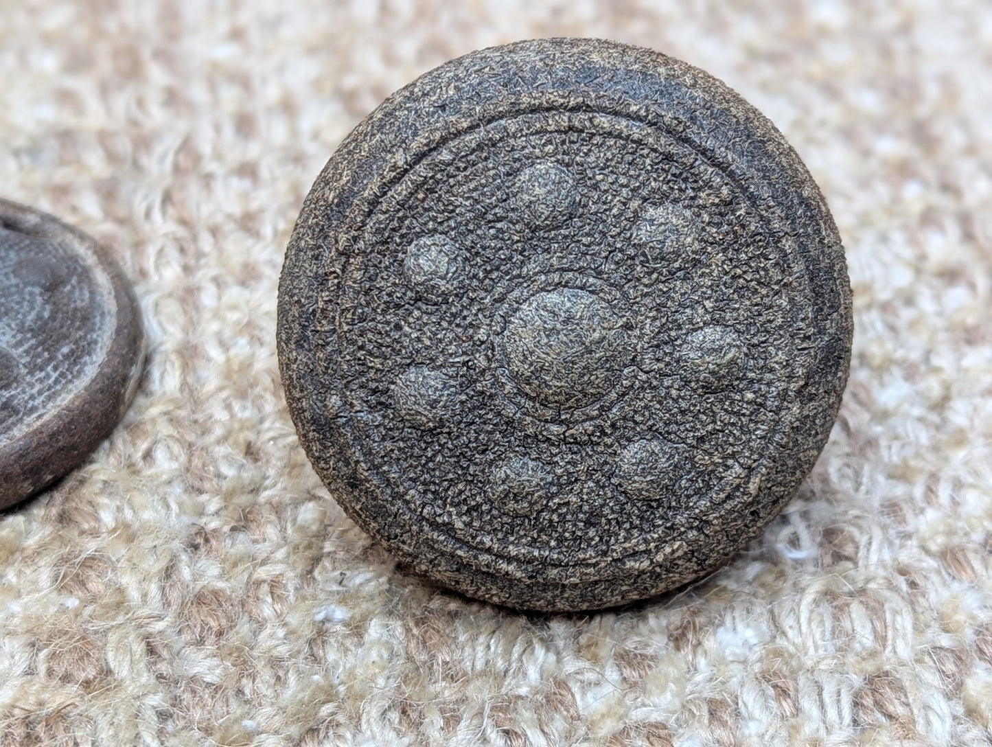 2 1/4" Antique Dibble Mfg. Co. Saxon Shield Design Hemacite Door Knob & 2 1/4" Rosette Door Hardware Circa 1878