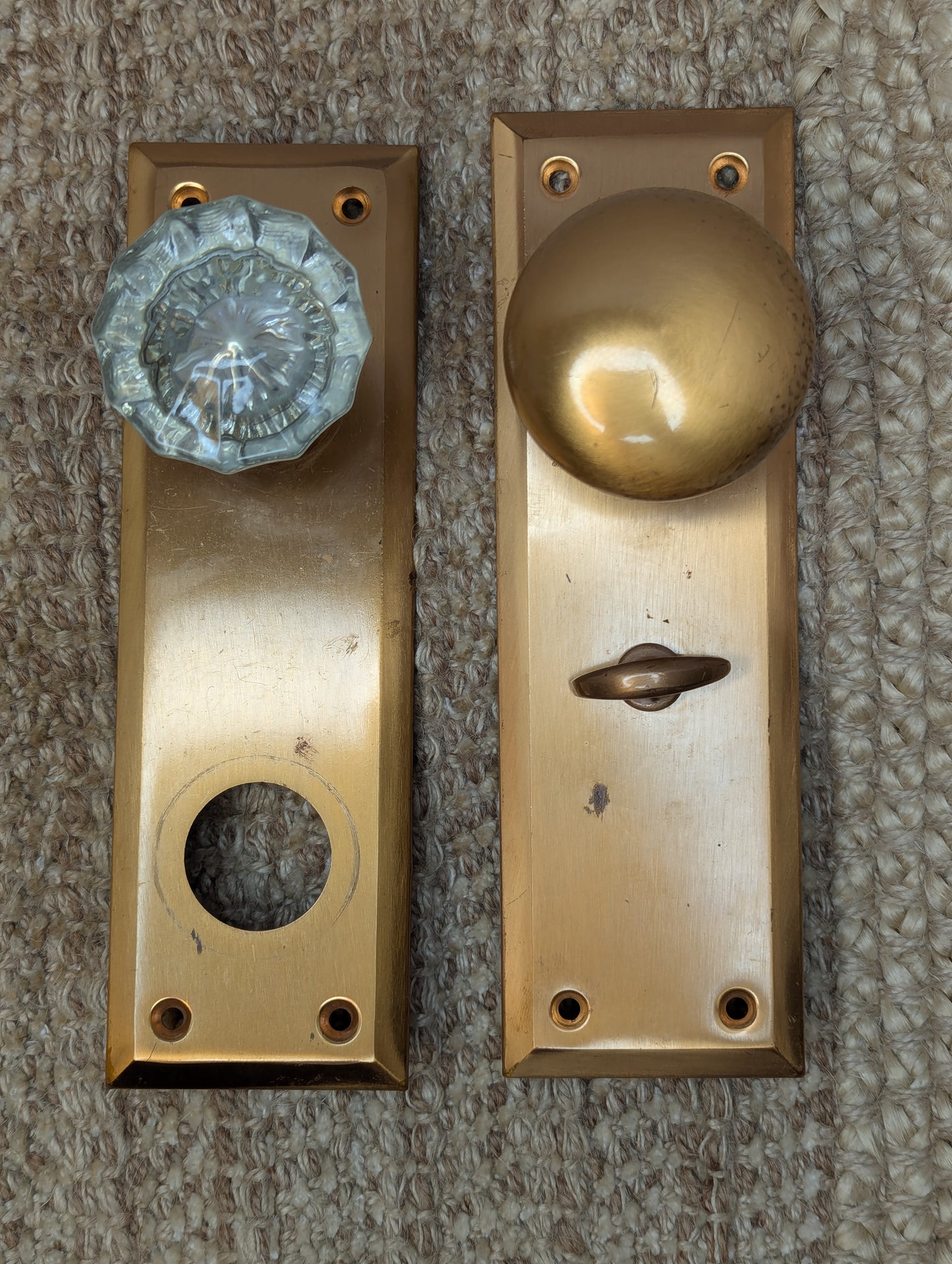Antique Exterior Brass & Glass Door Knobs and Brass Door Plates W/Thumb Turn Set