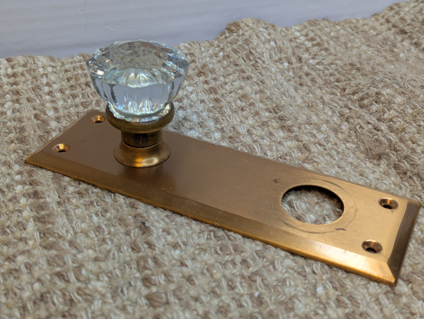 Antique Exterior Brass & Glass Door Knobs and Brass Door Plates W/Thumb Turn Set