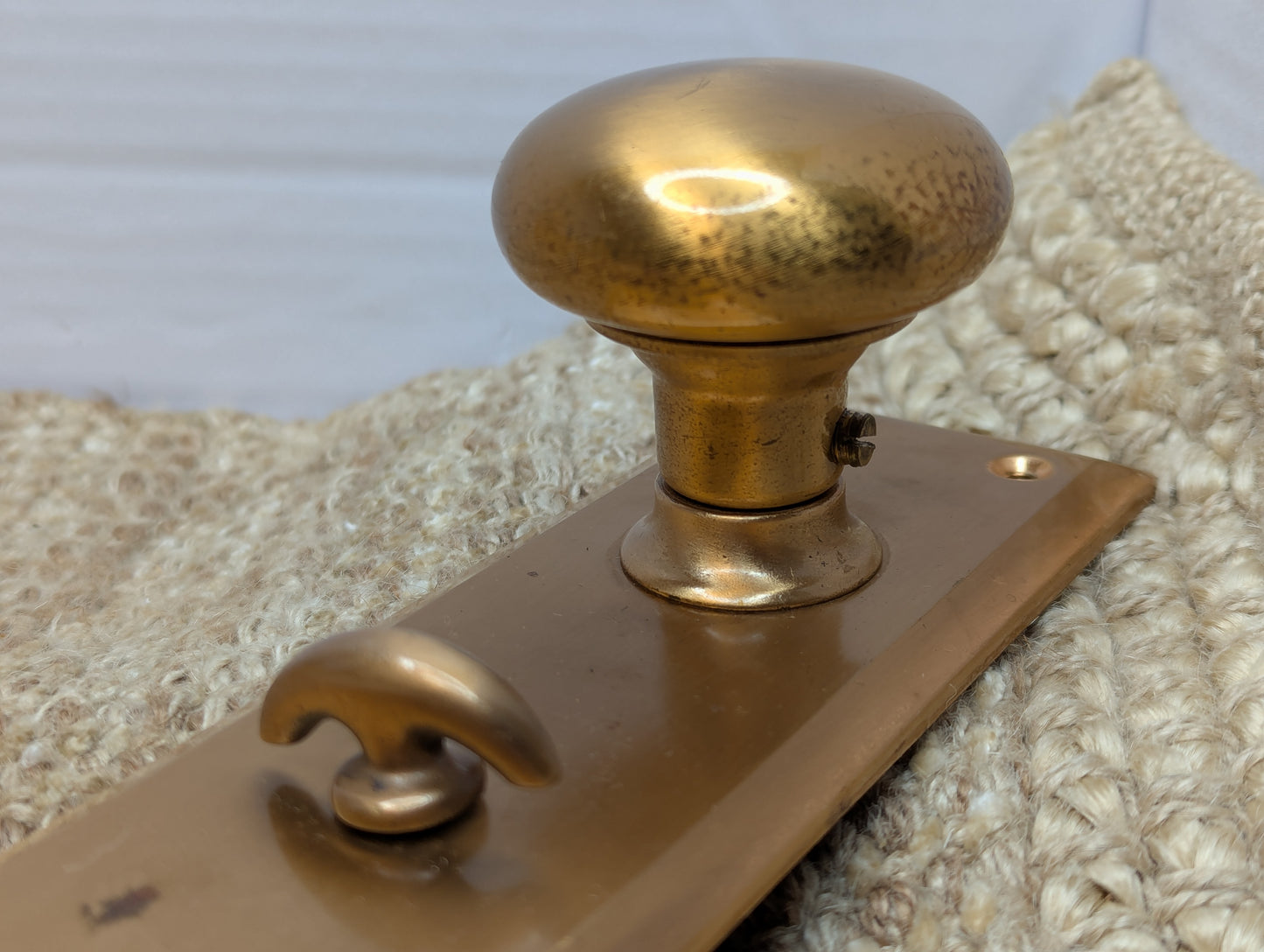 Antique Exterior Brass & Glass Door Knobs and Brass Door Plates W/Thumb Turn Set