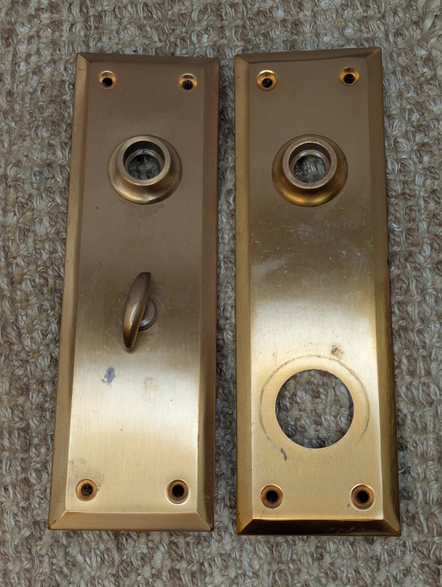 Antique Exterior Brass & Glass Door Knobs and Brass Door Plates W/Thumb Turn Set