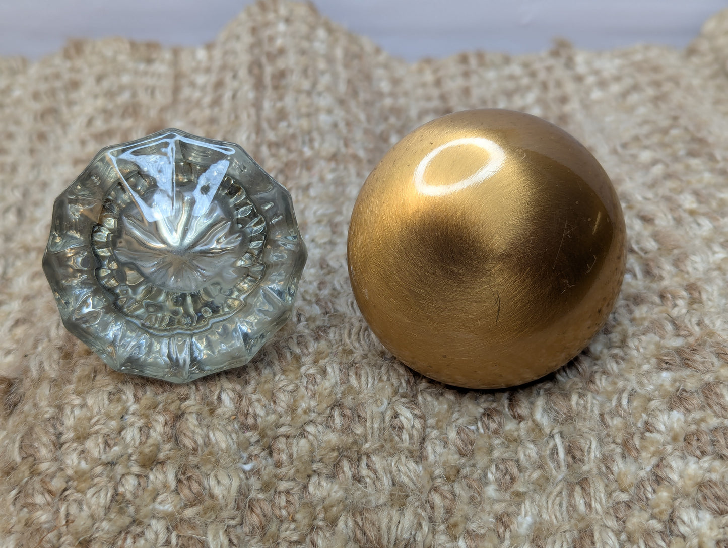 Antique Exterior Brass & Glass Door Knobs and Brass Door Plates W/Thumb Turn Set