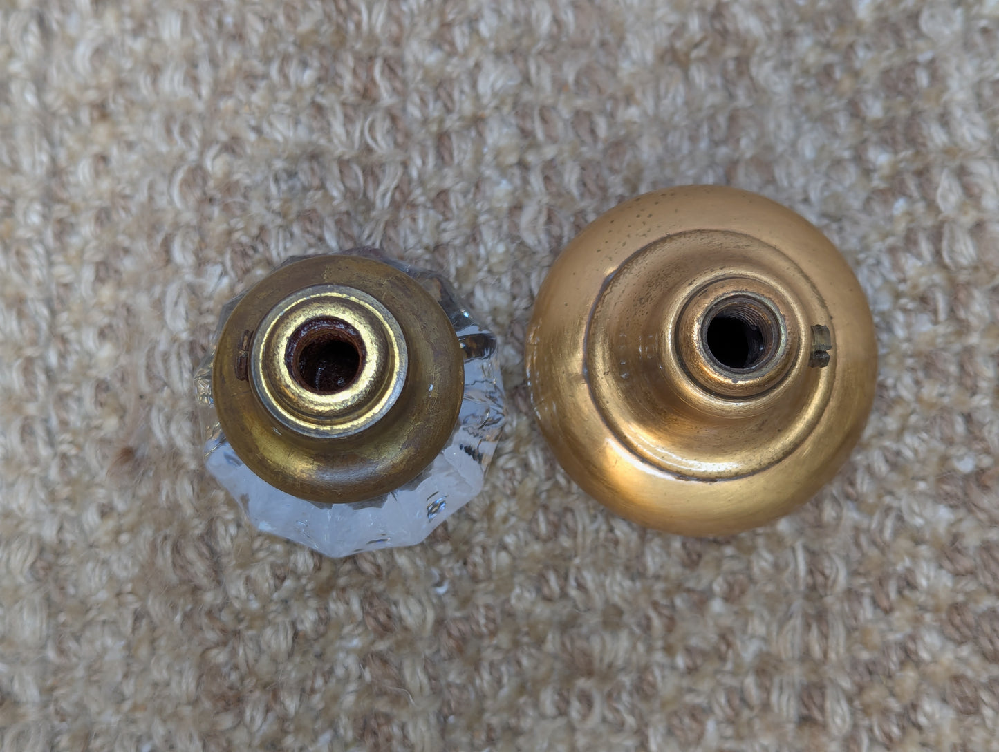 Antique Exterior Brass & Glass Door Knobs and Brass Door Plates W/Thumb Turn Set