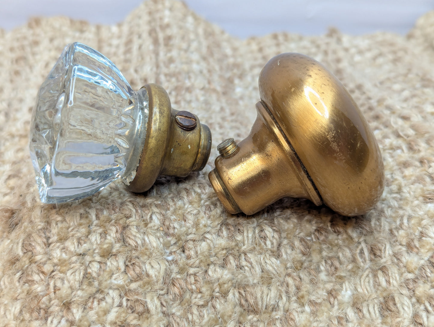 Antique Exterior Brass & Glass Door Knobs and Brass Door Plates W/Thumb Turn Set