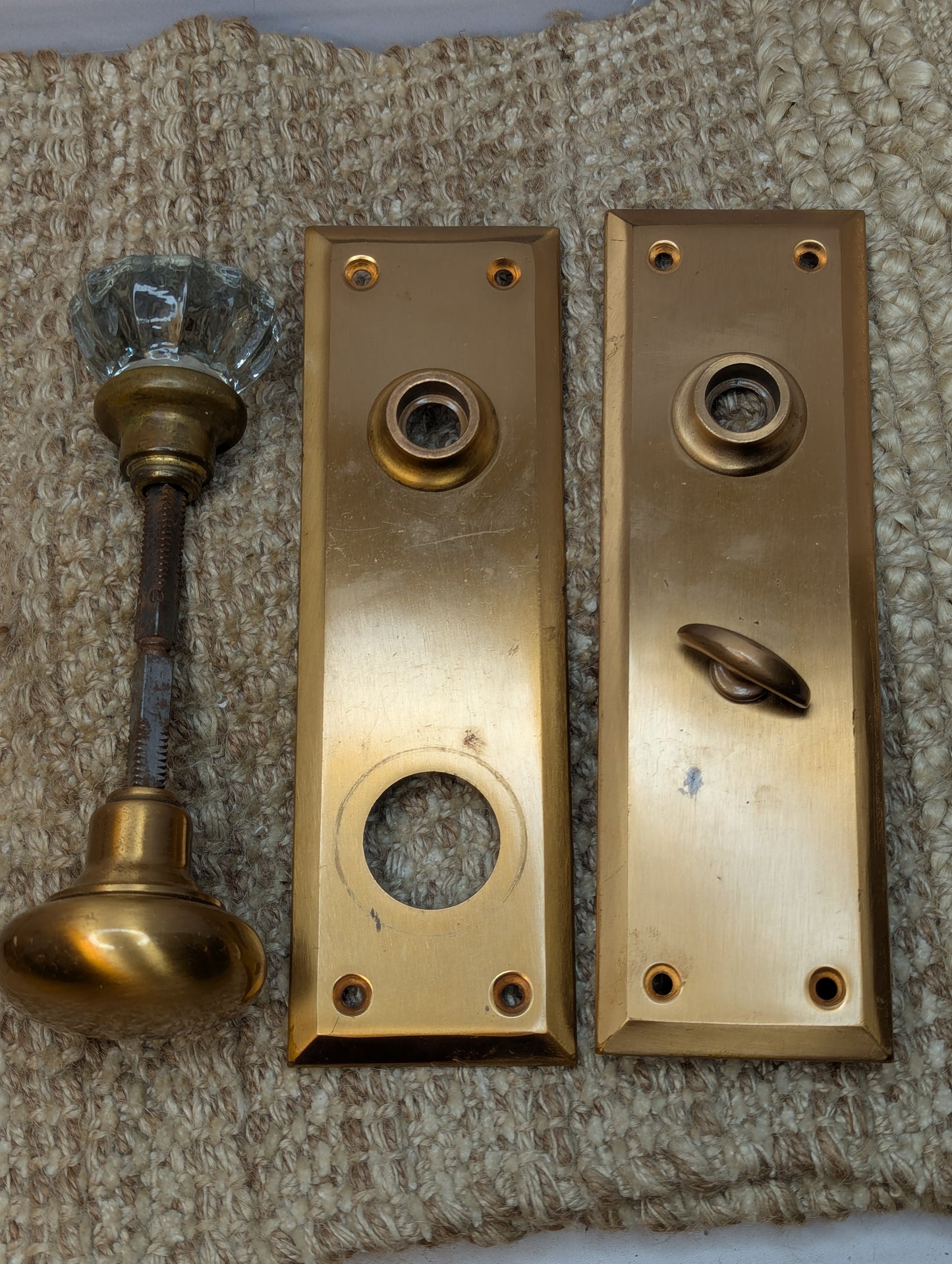 Antique Exterior Brass & Glass Door Knobs and Brass Door Plates W/Thumb Turn Set