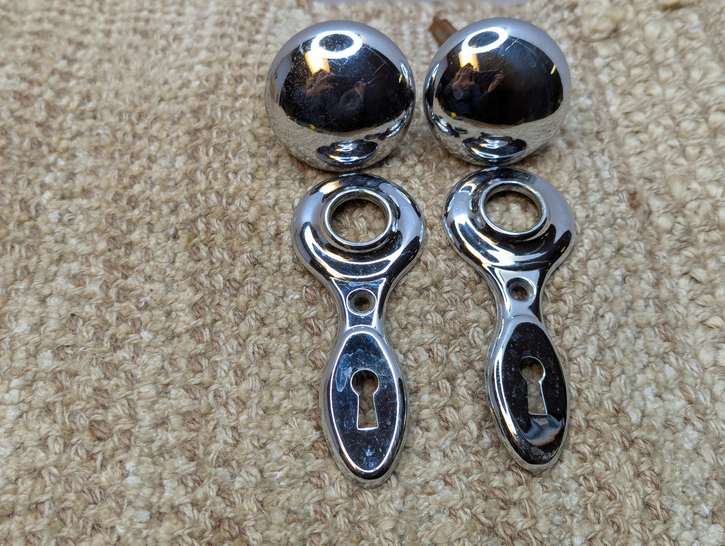 Pair Antique 2" Chrome Plated Brass Door Knobs and Door Plates Set