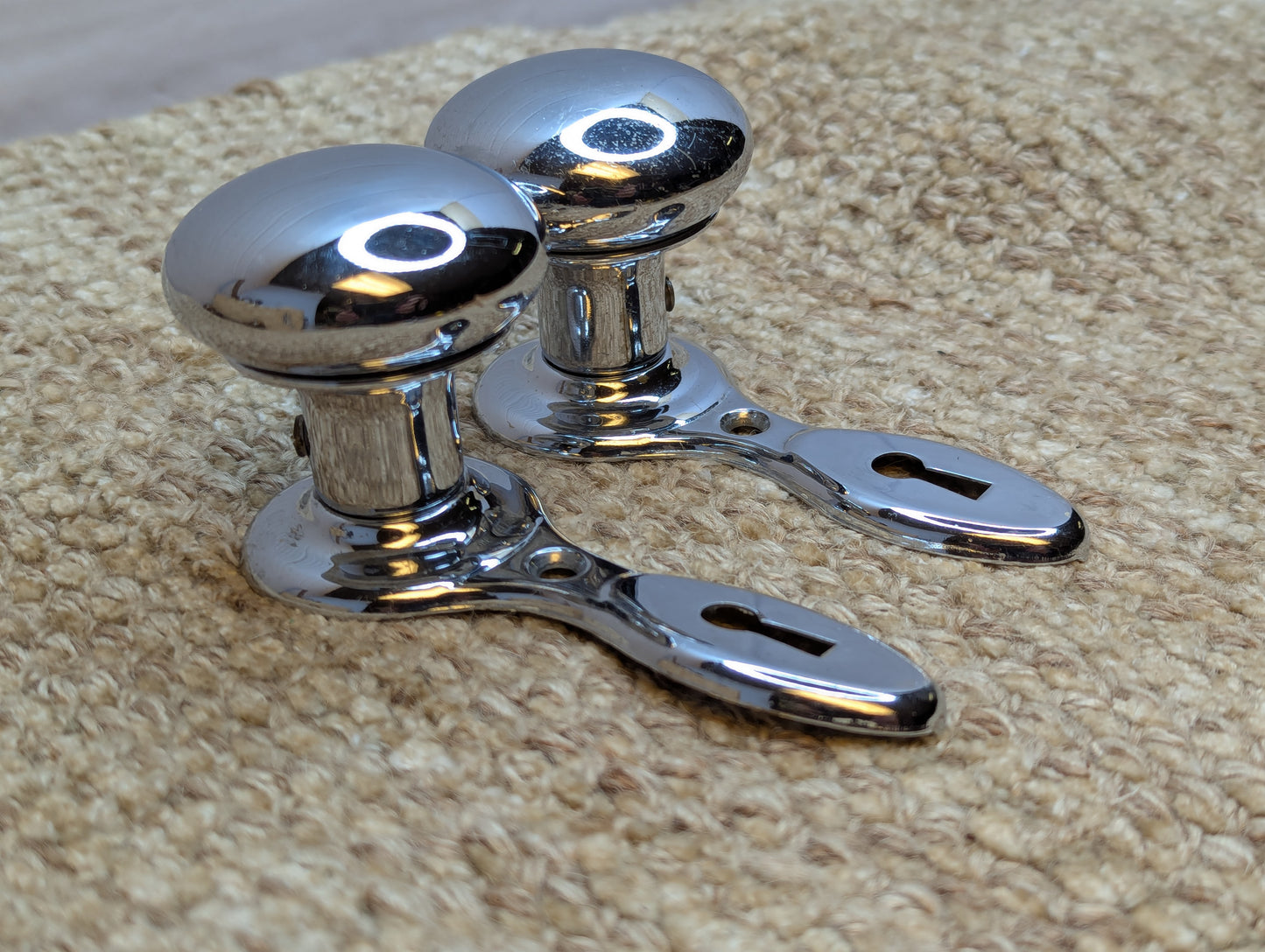 Pair Antique 2" Chrome Plated Brass Door Knobs and Door Plates Set