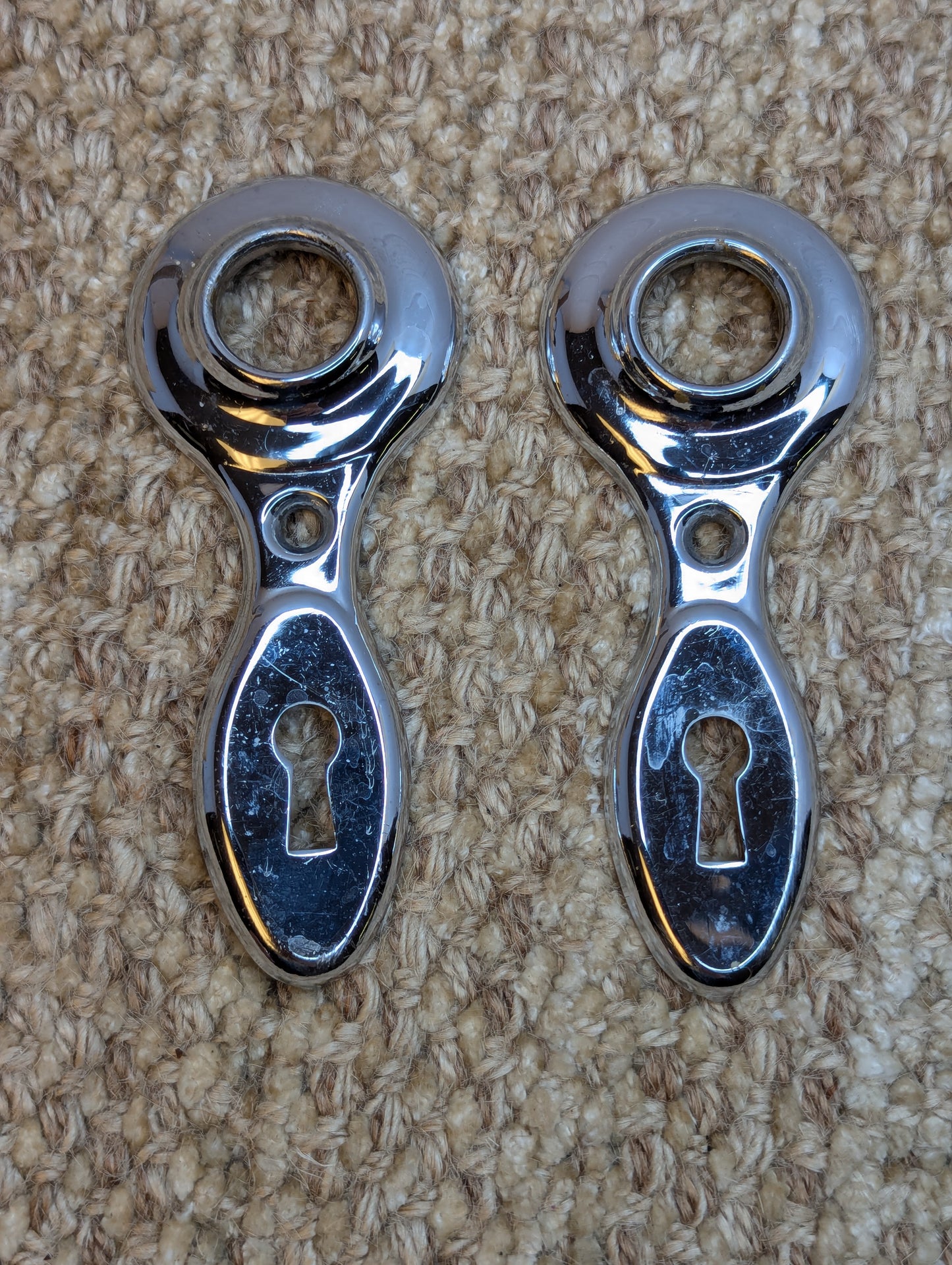 Pair Antique 2" Chrome Plated Brass Door Knobs and Door Plates Set