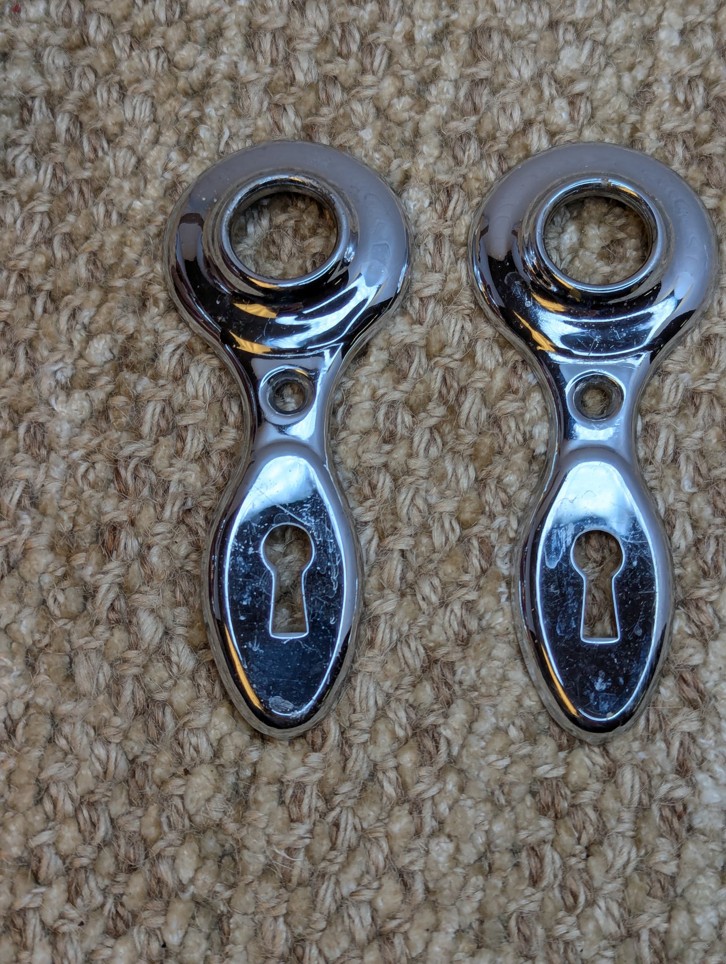 Pair Antique 2" Chrome Plated Brass Door Knobs and Door Plates Set