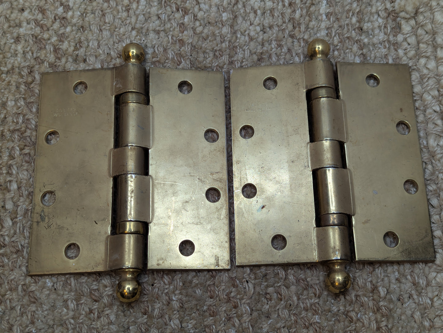 4 1/2" x 5" Pair Stanley Brass Plated Ball Tip Door Hinge Door Hardware