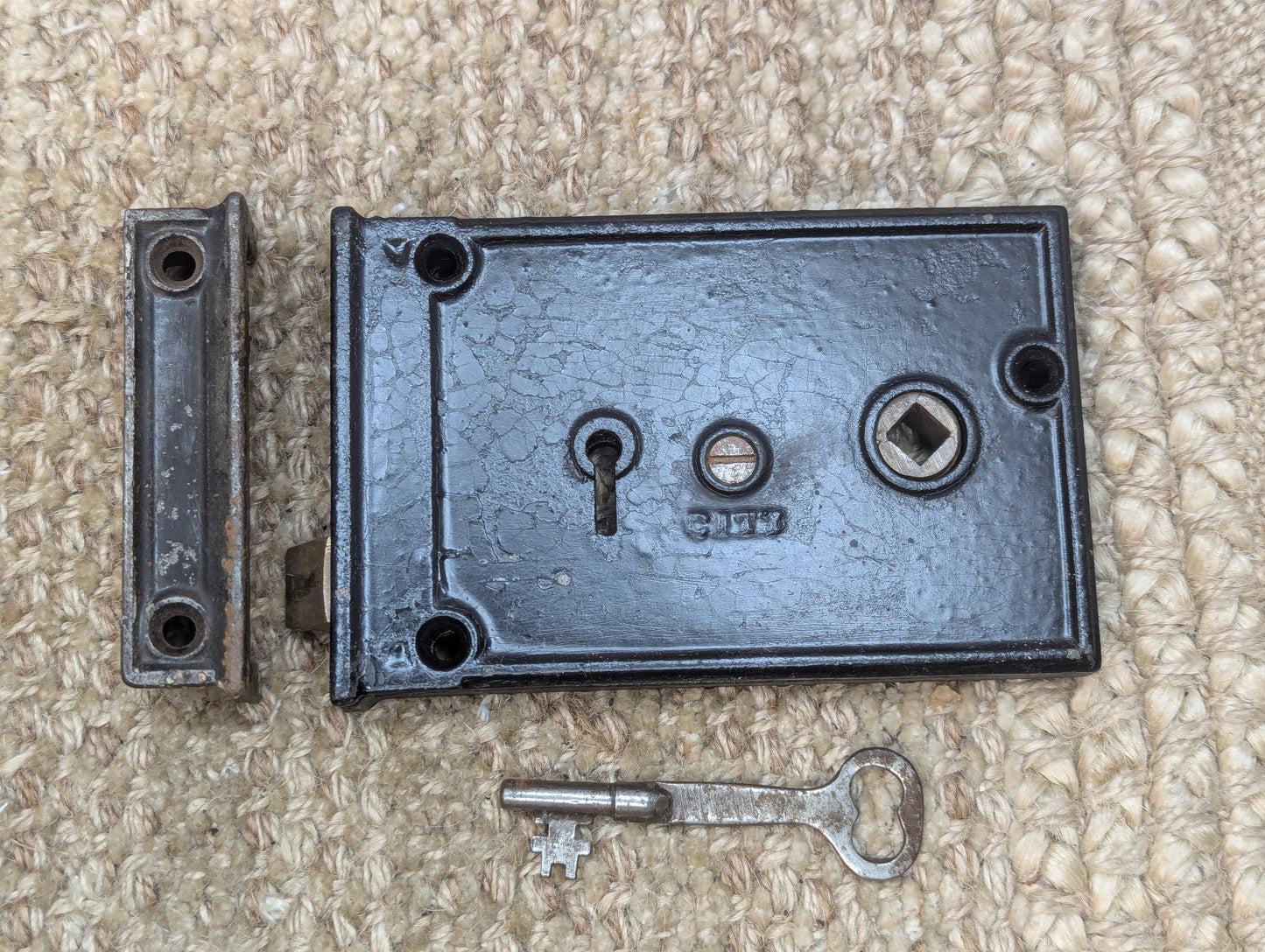 Antique CITY Interior Box Lock Rim Lock Door Hardware With Keeper and Key