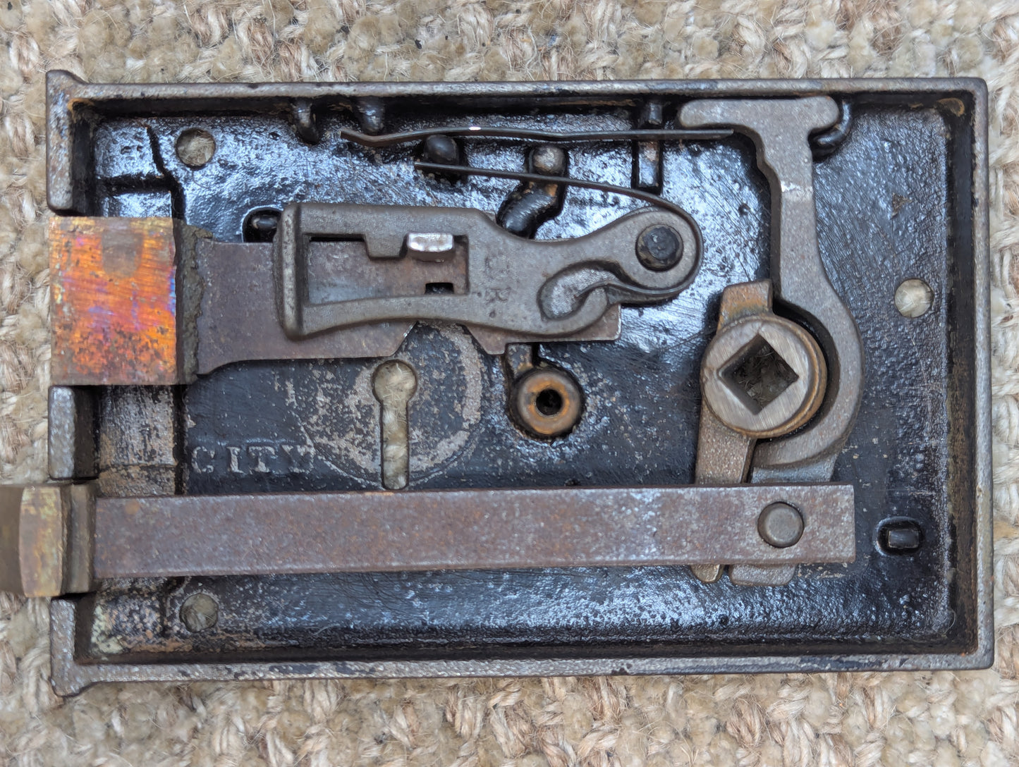 Antique CITY Interior Box Lock Rim Lock Door Hardware With Keeper and Key
